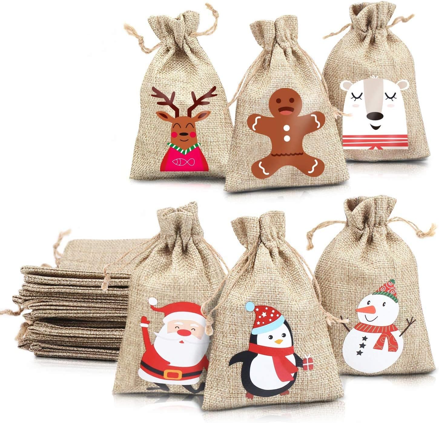 LOKIPA Christmas Jute Burlap Bags,24 Xmas Jute Linen Burlap Drawstring Gift Treat Candy Bag for Xmas Favors - Image 3