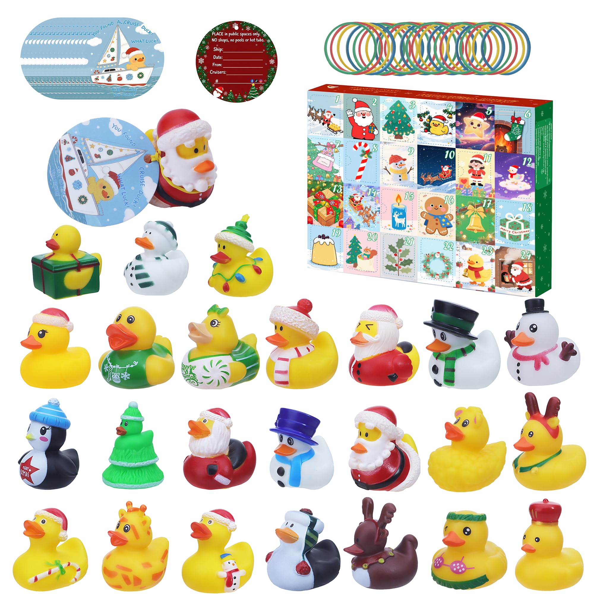 Photo 1 of 72 Set 24 Pcs Cruise Ducks for Hiding with Tags Rubber Ducks for Cruise Ship with 24 Pcs Cruising Duck Tags Carnival and 24 Pcs Rubber Bands for Gifts