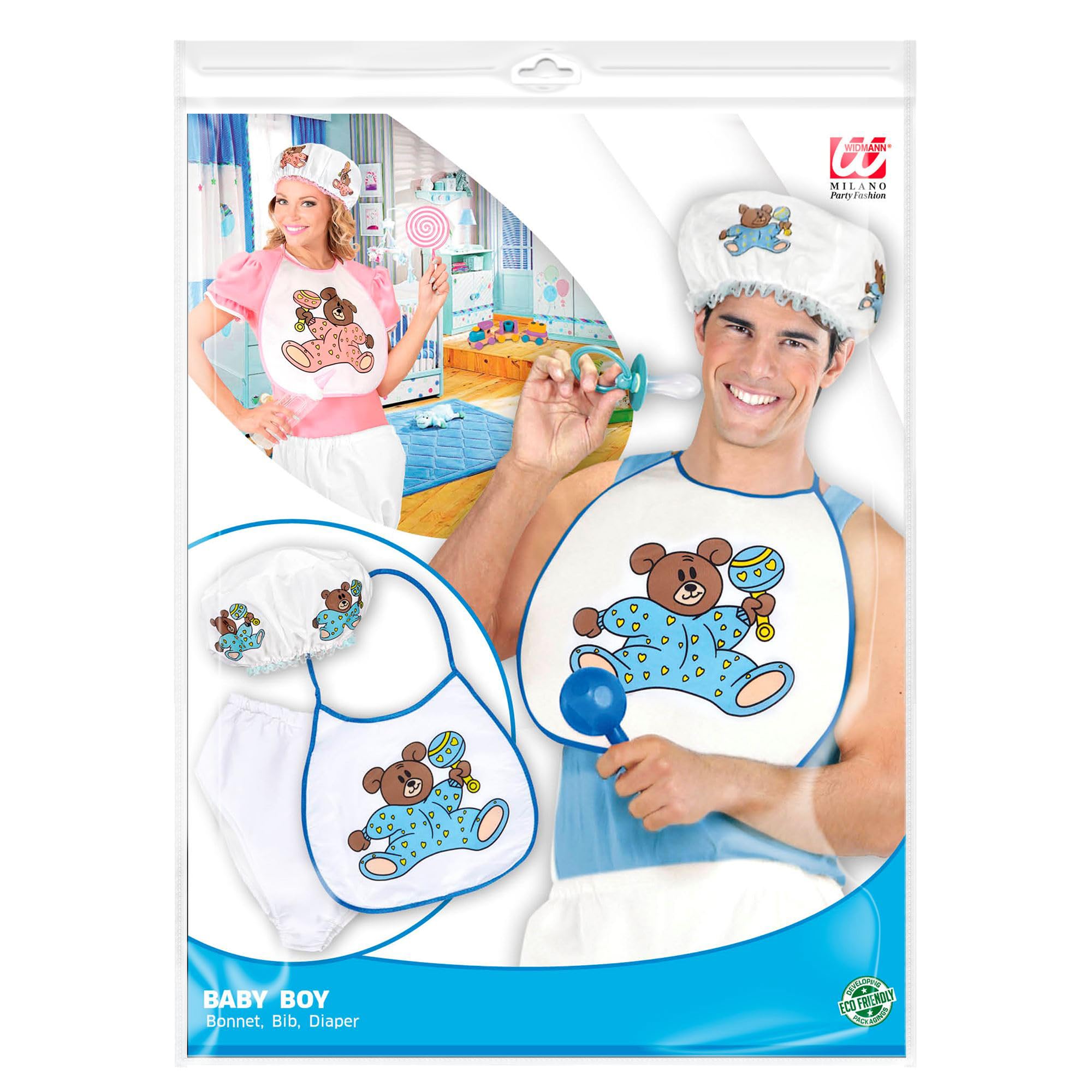Widmann 66665 - Baby Set with Cap, Bib, Giant Diaper, for Adult Men, Baby Showers, Stag Parties, Carnival, Blue Color