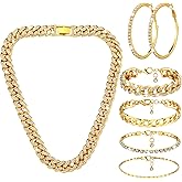 Yinkin 6 Pcs Cuban Link Chain Necklace Bracelet Bling Rhinestone Bracelet Hoop Earrings Bling Crystal Jewelry Sets for Women