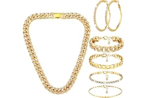 Yinkin 6 Pcs Link Chain jewelry sets for Woman with Rhinestone Necklace Bracelet Earrings Bling Diamond chunky Chain Jewelry