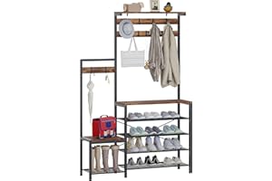 TRIFEBLE Hall Tree with Bench and Shoe Storage, Freestanding Coat Rack, 4 in 1 Entryway Coat Rack with Shoe Bench, 9 Hooks and Top Shelf, 12.6 x 44.7 x 70.9 Inches, Rustic Brown and Black