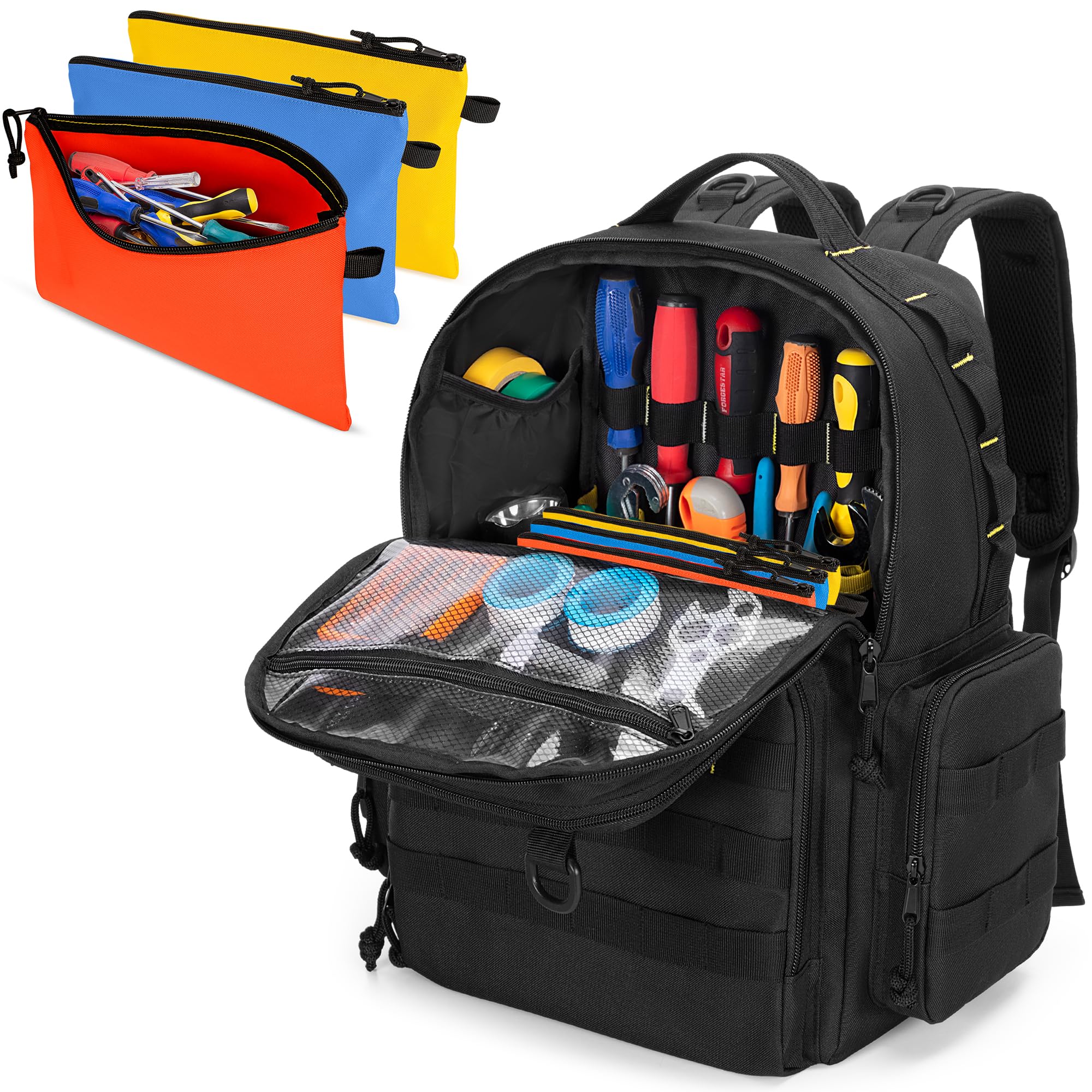 Rexmica Tool Bag Backpack for Men with 3 Tool Pouches, Heavy-Duty Tool Storage Organiser Bag with Padded Shoulder & Waist Support, Tactical Work Tool Bag for Electrician, Repairman, HVAC Techs, Black