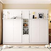Harper &amp; Bright Designs Dual Twin Size Murphy Bed, Wooden Wall Bed with Cabinets and Shelves, White