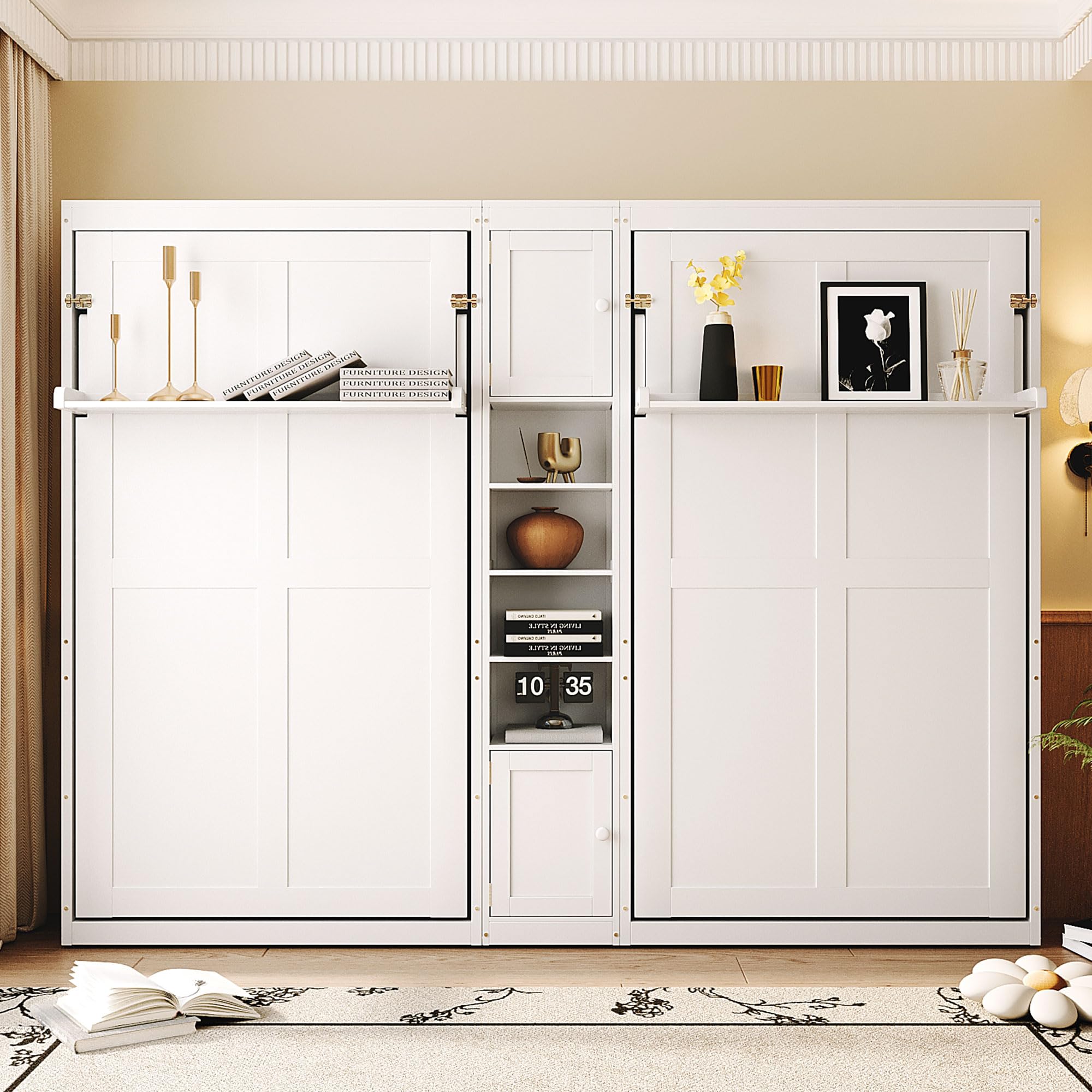 Photo 1 of ***PARTIAL SET - BOX 2 OF 4 ONLY***
2-in-1 Design Dual Murphy Bed Twin Size with Cabinets and Shelves, Wood Wall Murphy Bed, Can be Folded Platform Bed with Convertible Shelf-Legs for Guest Room Home Office (White-7.23)