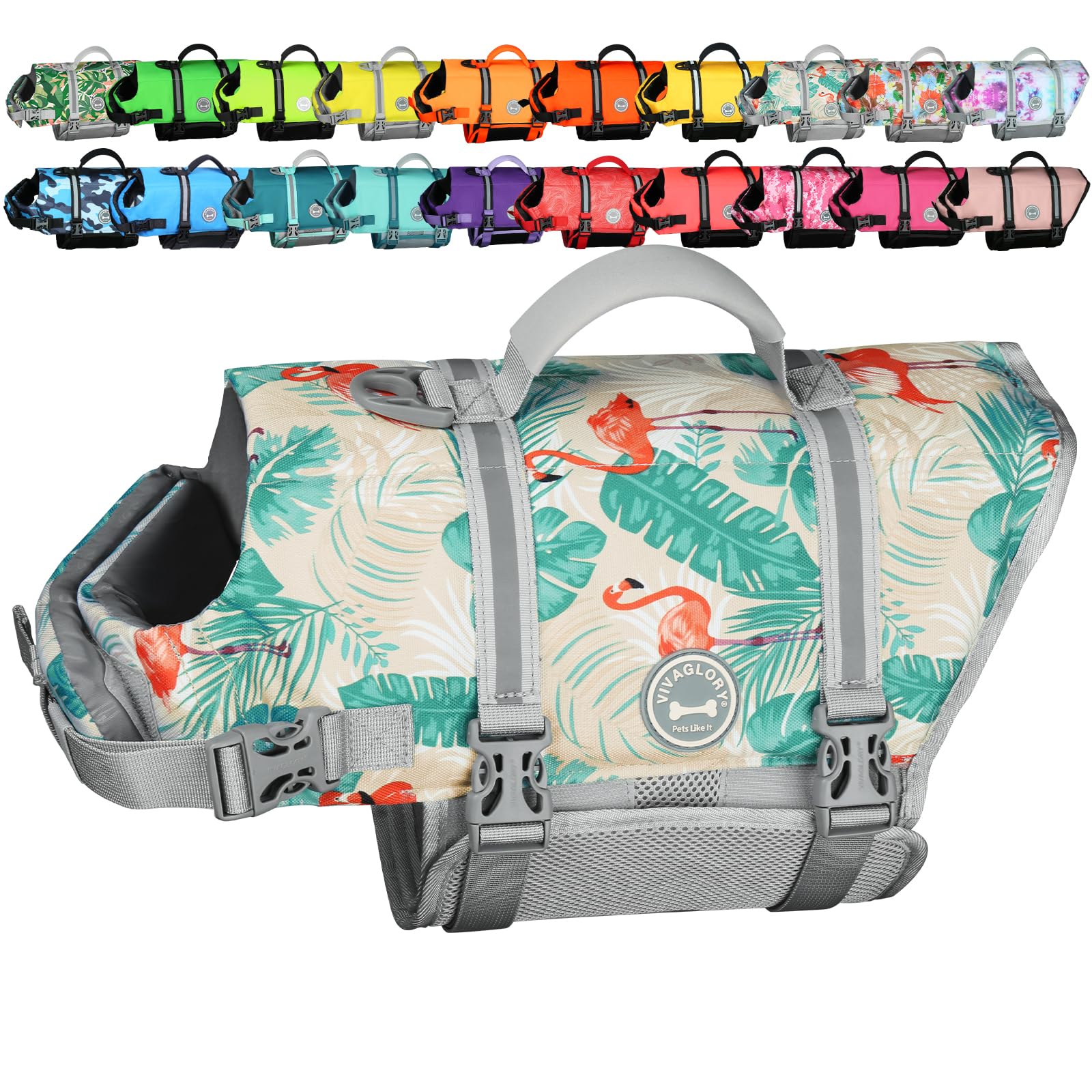 VIVAGLORY Rip Stop Dog Life Jacket, Buoyancy Aid with Handle, Buoyancy for Doggy, Dog Life Jacket for Swimming & Boating, XS, Leaves Blue