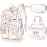 Fimibuke Clear Backpack for Girls, 3PCS Heavy Duty PVC Transparent Kids Backpack for Teen Girls, School, Concert, Stadium Events Approved See Through School Girl Bookbag with Lunch Box & Pencil Case
