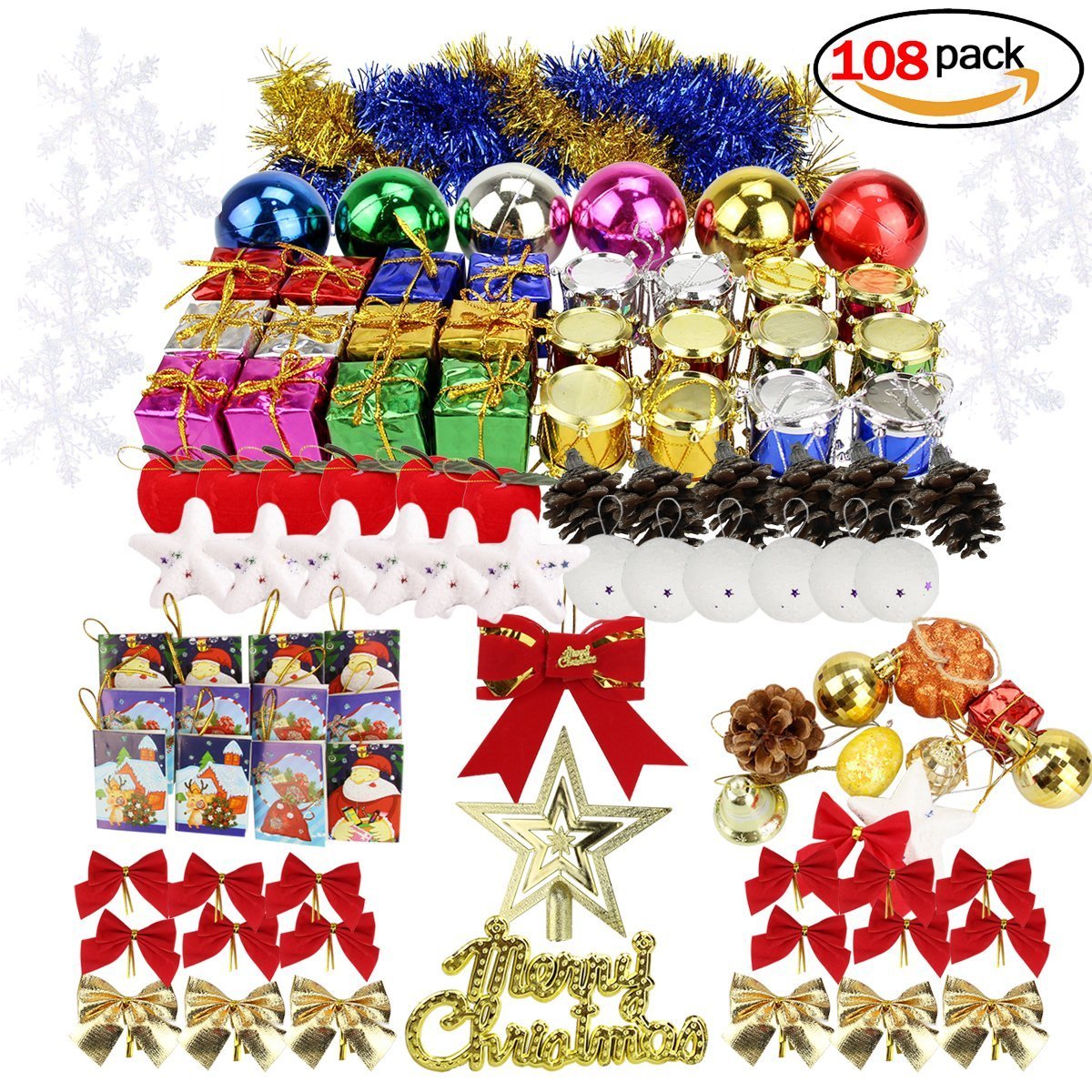 Pack of 108 Christmas Tree Ornaments Kit Assorted Christmas Ball Pandent For Christmas Party