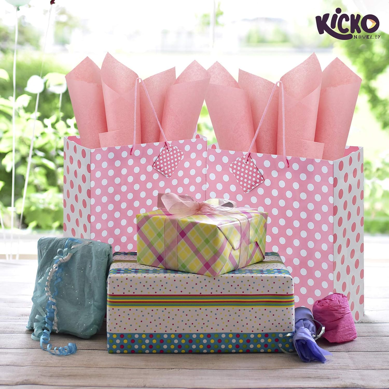 Kicko Large Pink Gift Bags with Tissue Paper - 23 Pieces - 13 Inches - for Party Favors, New Moms, Clothing, Books, Games, Puzzles, Stuffed Animals, Home Accessories, Cards, and More: Health & Personal Care