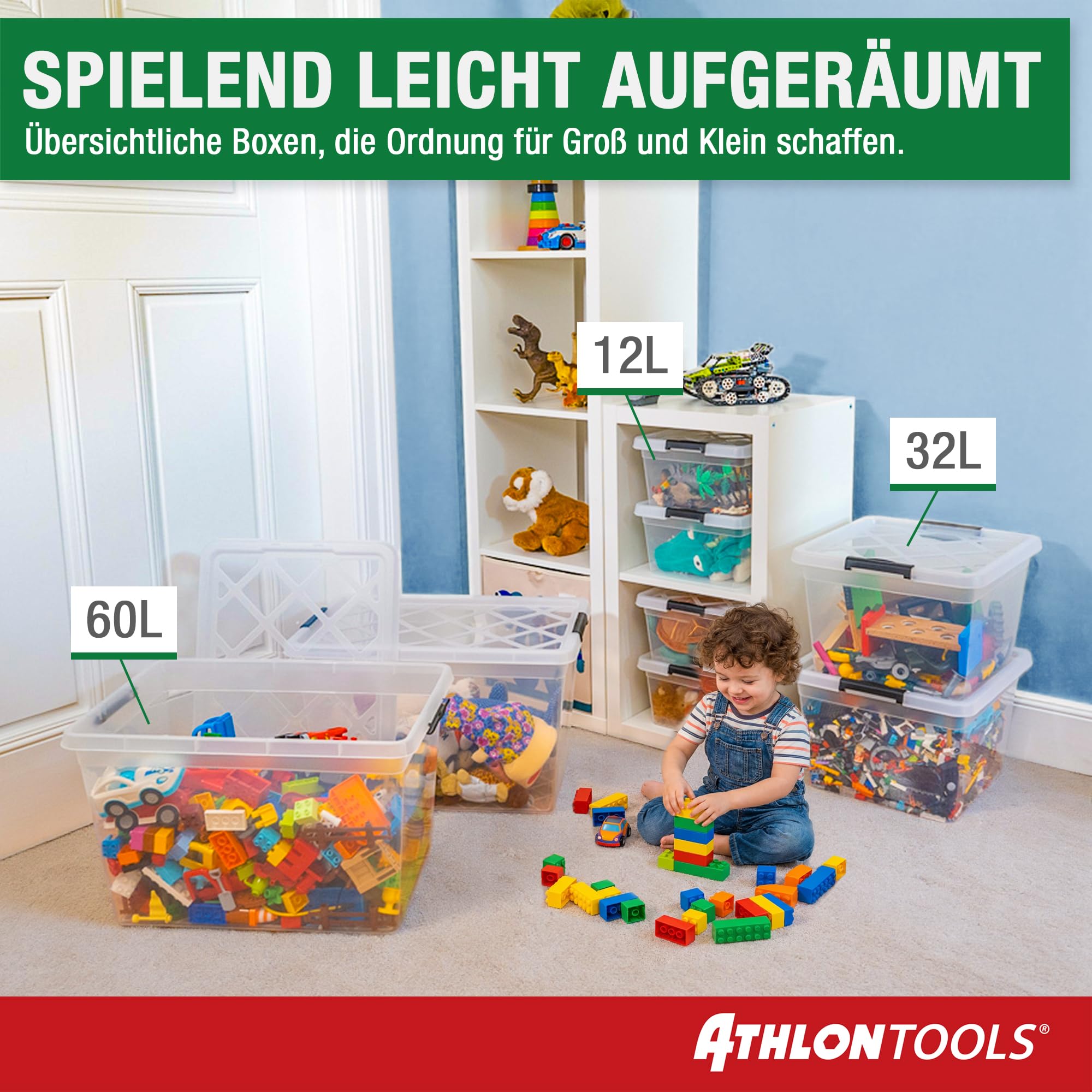 ATHLON TOOLS 4x 60 L Aufbewahrungsboxen mit Deckel, lebensmittelecht - Verschlussclips - 100% Neumaterial Plastik-Box transparent - Kleiderboxen stapelbar… 8