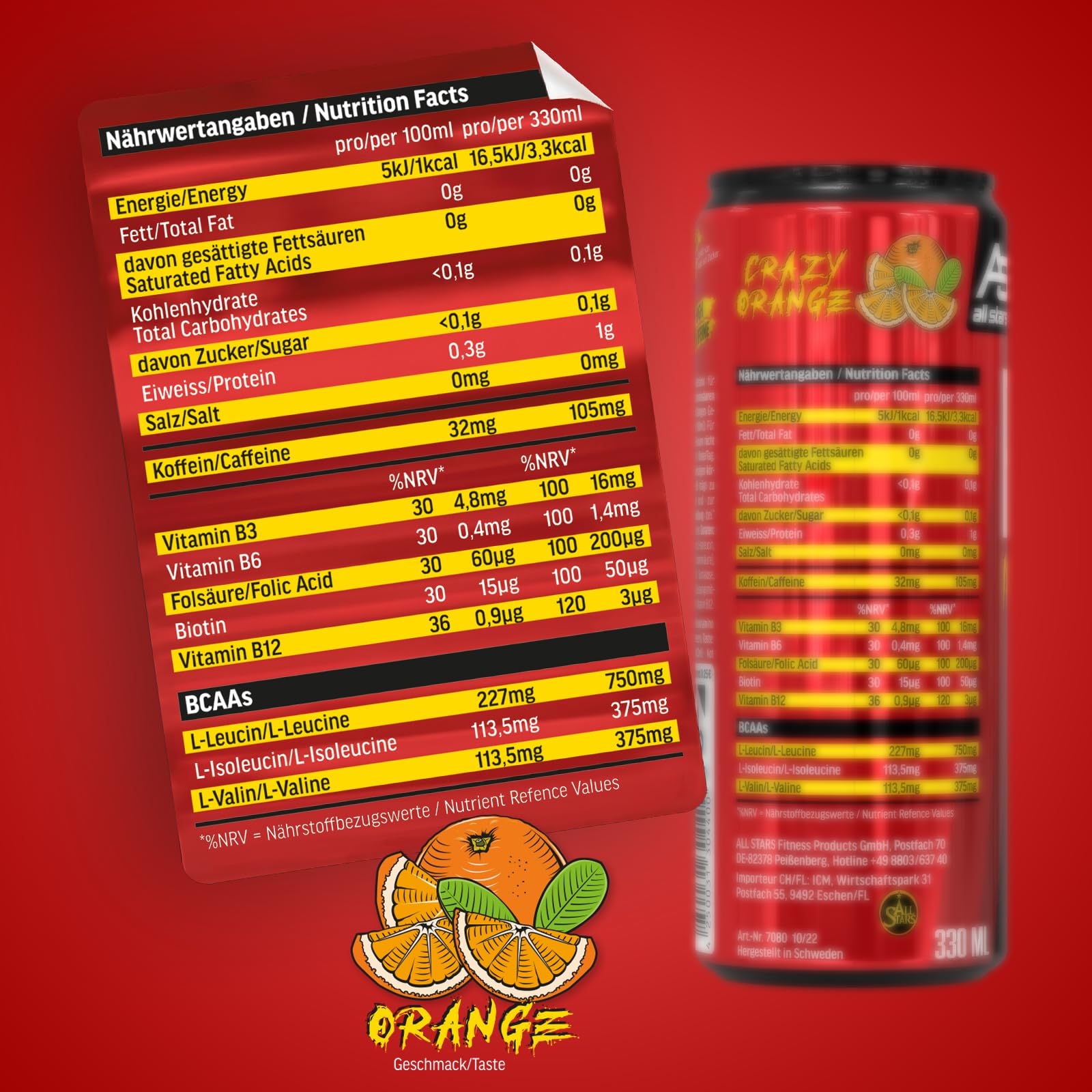 All Stars Raw Intensity Energy Drink, Orange, 24 x 330ml, lecker, fruchtiges Erfrischungsgetränk mit 1500mg Aminosäuren und B-Vitaminen, ohne Zucker, No Carbs, kohlensäurehaltig mit Koffein 6