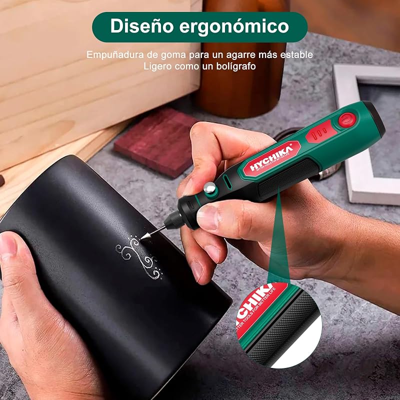 HYCHIKA 3,6V Mini Amoladora Eléctrica Bateria，Con 89 Accesorios para Taladrar, Lijar, Pulir, Grabar，Mini Taladro Eléctrica con Velocidad Ajustable y Carga Tipo-C，Herramienta Rotativa Ideal para DIY