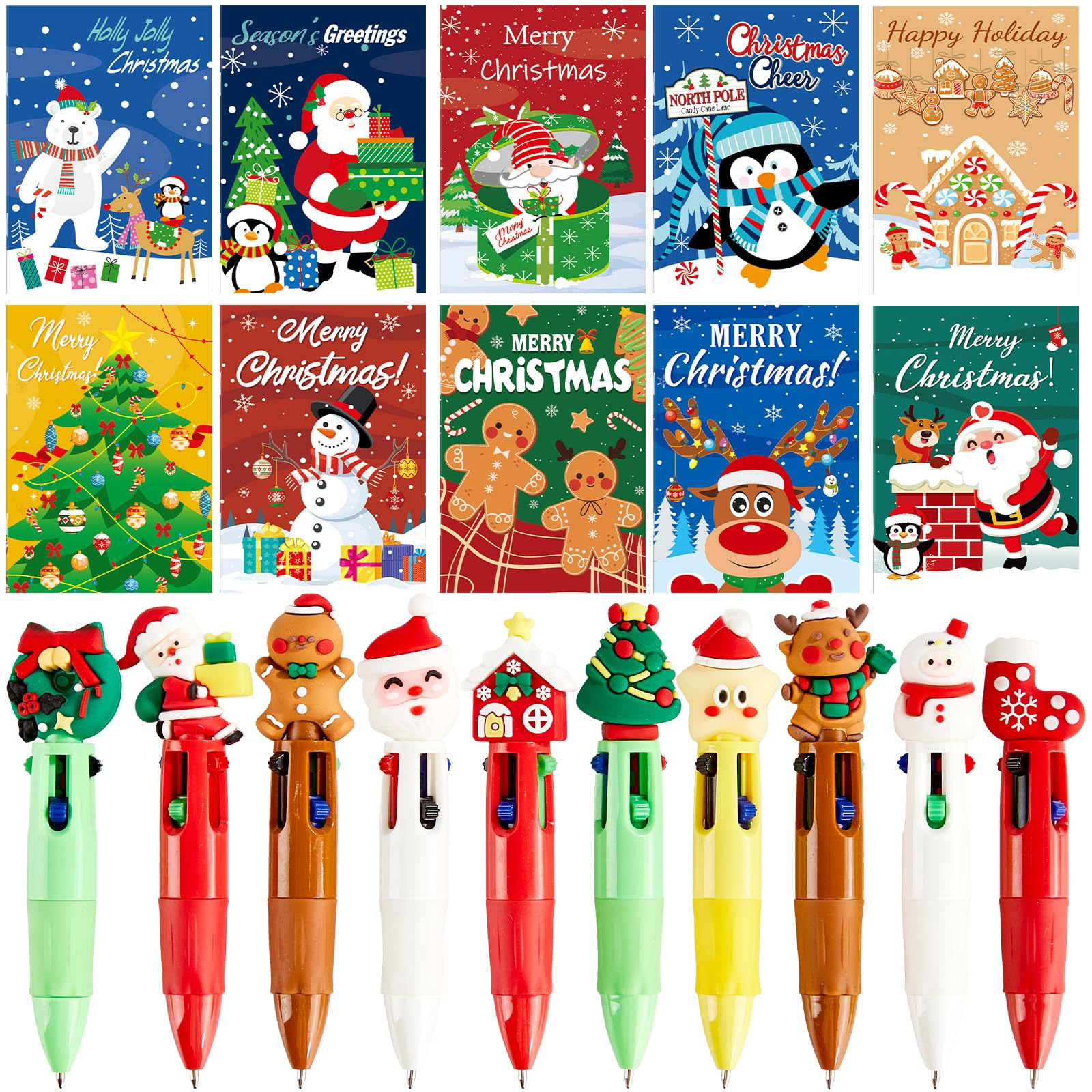 Photo 1 of 10 Sets Christmas Notepads with Pens Merry Christmas Mini Notebooks Colorful Xmas Ballpoint Pens Santa Snowman Pocket Notebook for Winter Xmas Party Home Staff Teacher Coworker School Office Gifts