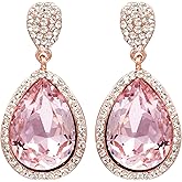 Women Pink Crystal Rhinestone Bridal Teardrop Earrings Wedding Dangle Earrings Bridesmaids,Rose Gold Plated