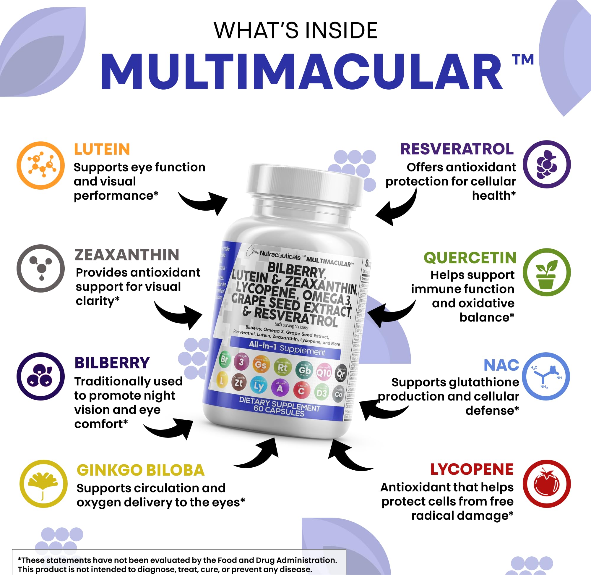 Clean Nutra Eye Vitamins with Bilberry Lutein and Zeaxanthin Supplements Lycopene 40mg Resveratrol Grape Seed Astaxanthin for Eyes - Eye Care Health Support Eye Vitamin and Mineral Supplement
