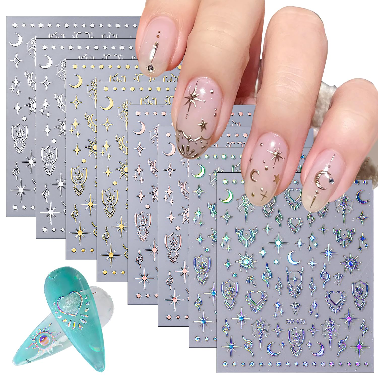 CHANGAR 8 Sheets Moon Star Nail Art Stickers - Sun Totem Decals, Holographic Laser Gold Silver Boho Stars Moon Heart Designs for Women Decoration