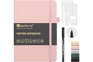 &AND PER SE ⩓ Per Se Bullet Dotted Journal Notebook, A5 Leather Hardcover, 176 Numbered Pages 100GSM Thick Dotted Paper, 2 Sheets of Stencils Included - 5.7'' x 8'' (Pink)
