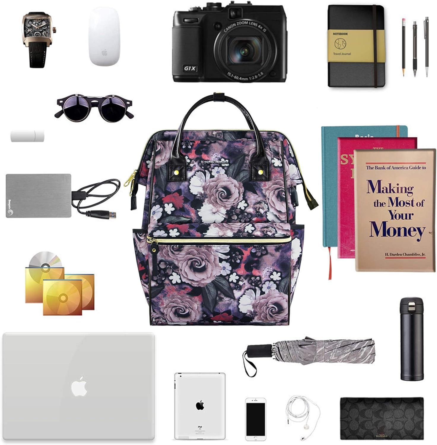 KROSER Laptop Backpack 15.6 Inch Stylish College School Computer Backpack with USB Port Water-Repellent Casual Daypack Doctor Bag Travel Business Work Bag for Women/Girls-Rose Pattern: Computers & Accessories