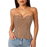 LEACOOLKEY Lacework Corset Top for Women Sexy Textured Sheer Floral Lace Bustier Going Out Lace-up Corset Overbust Top