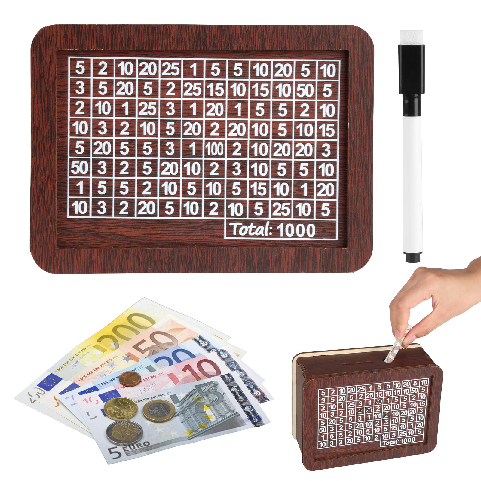 Wooden Money Box, Retro Money Box (4 Sizes) with Savings Target and Numbers for Ticking, Reusable Money Box, Helps Children and Adults to Develop the Habit of Saving (B)