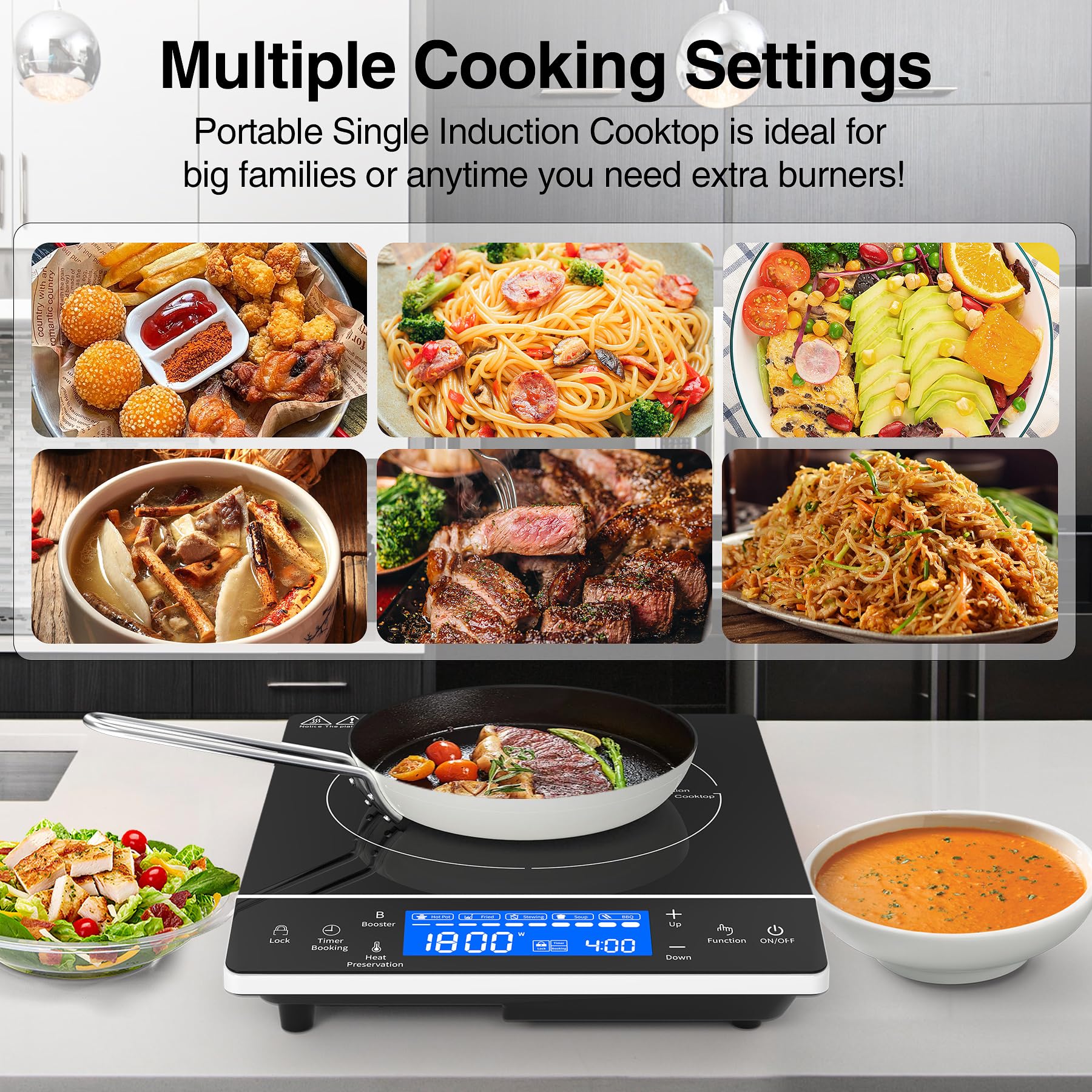 VBGK Induction Cooktop, 1800W Single Burner Electric cooktop,Induction Stove Top with Large LCD Sensor Touch, Induction Hot Plate with 9 Temperature Levels, Child Safety Lock & 4H Timer