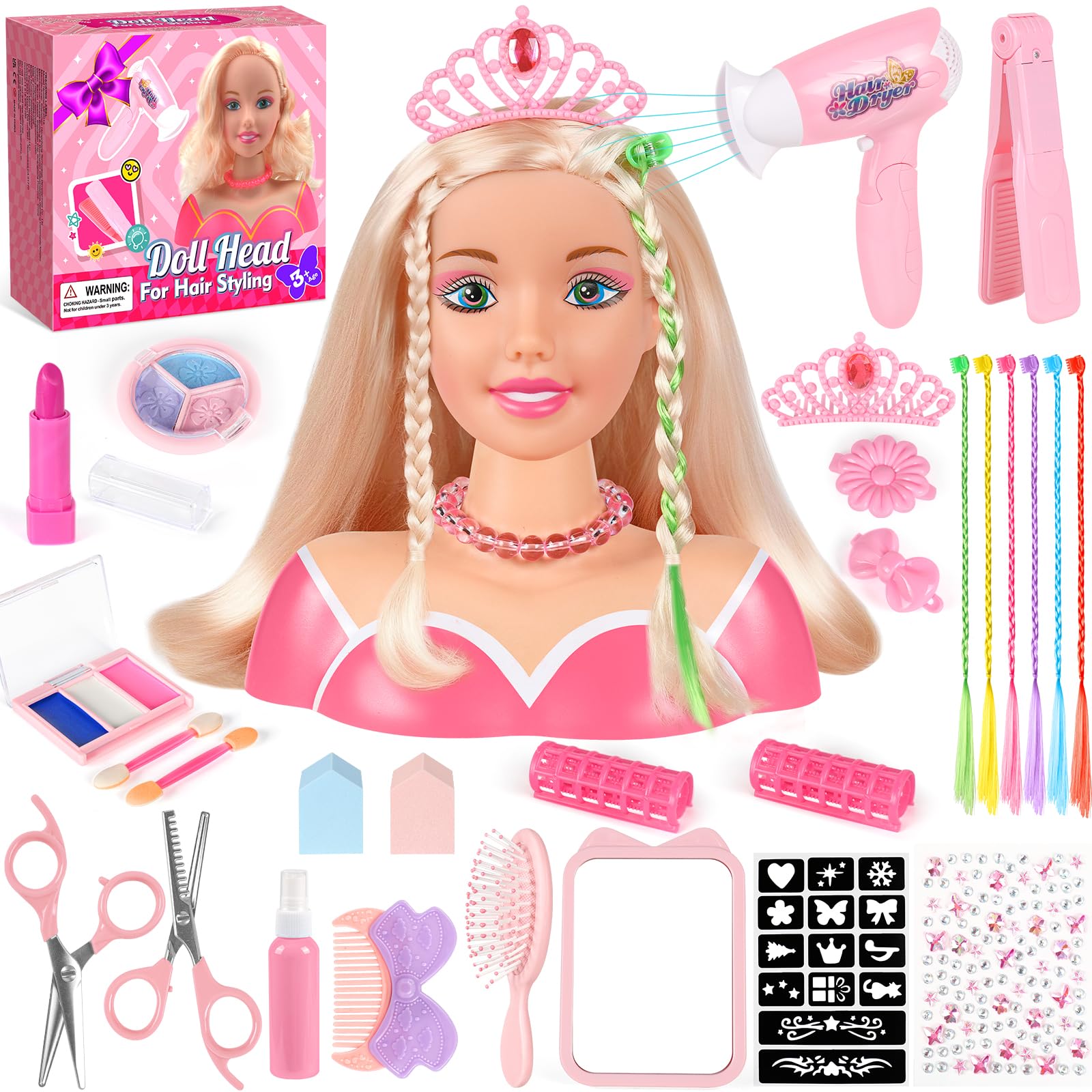 Photo 1 of ***MISSING PIECES*** KUBUSFLY 44Pcs Hair Styling Doll Head Toys for Girls, Kids Makeup Hair Salon Pretend Play Styling Kit with Hairdryer, Straightener, Beauty Hair Toy Christmas Birthday Gift for Toddler Girls 3 4 5 6+