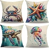 Sea Life Pillow Covers 18x18 Inch Watercolor Ocean Animals Sea Turtle,Sea Horse,Starfish Cushion Case Coastal Beach Theme Farmhouse Home Decoration 4Pack Square Pillowcase for Patio Couch Sofa (Multi)