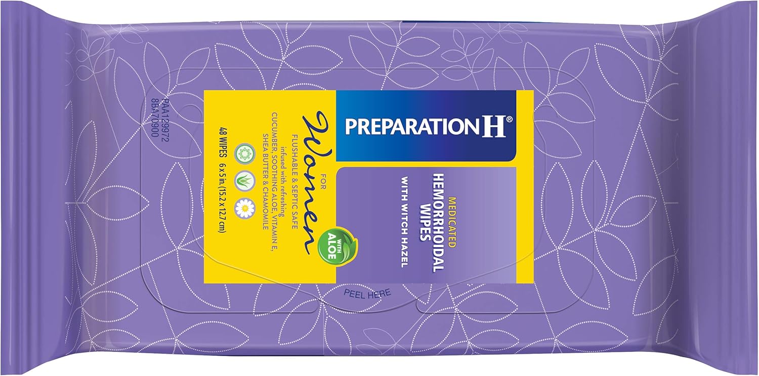 Preparation H Women’s Flushable Medicated Hemorrhoid Wipes, Burning and Itching Relief with Cucumber, Aloe, Vitamin E, Shea Butter and Chamomile, Package (48 Count): Health & Personal Care