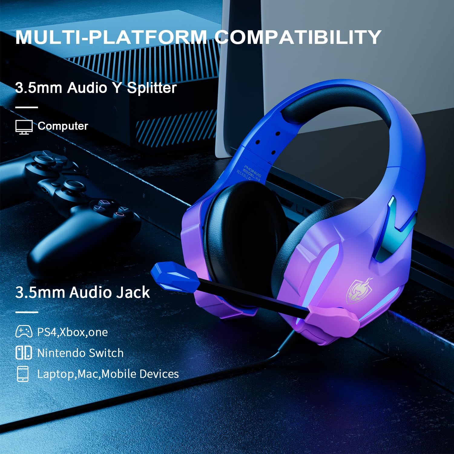 PHOINIKAS PS4 Gaming Headset for PC, Switch, PS5 Headset with 7.1 Stereo Sound, Gaming Headphones with Noise Cancelling Mic, LED Light, Over Ear Headset for Laptop, Mobile (Violet)