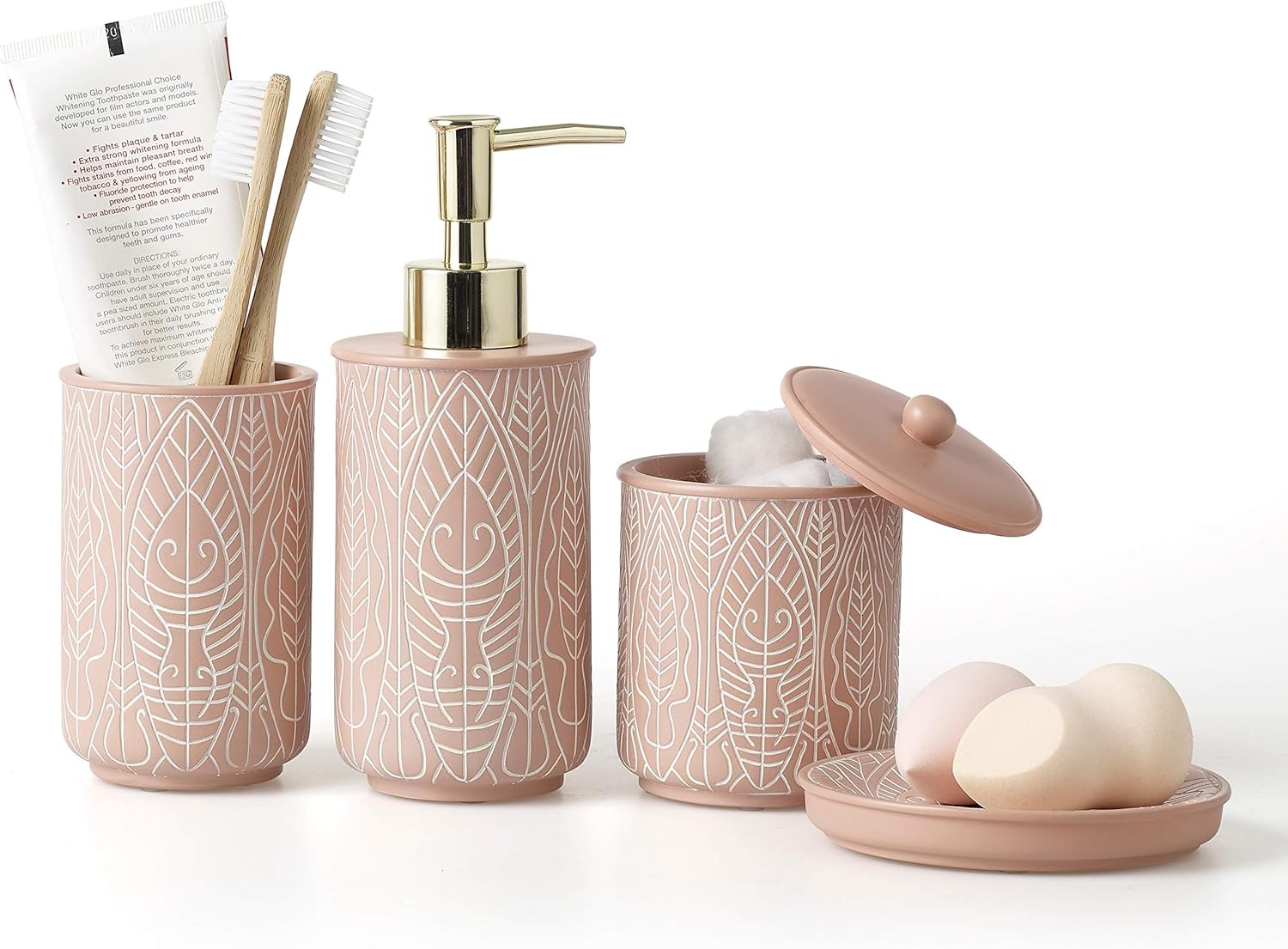 VIRTUNE Premium Pastel Pink Bathroom Accessory Set. Home and Apartment Essentials Including Hand Pump Soap Dispenser, Soap Dish, Toothbrush Holder, and Tumbler Cup. Modern Bathroom Decor