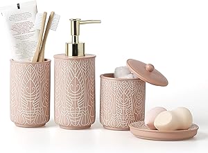 VIRTUNE Premium Pastel Pink Bathroom Accessory Set. Home and Apartment Essentials Including Hand Pump Soap Dispenser, Soap Dish, Toothbrush Holder, and Tumbler Cup. Modern Bathroom Decor