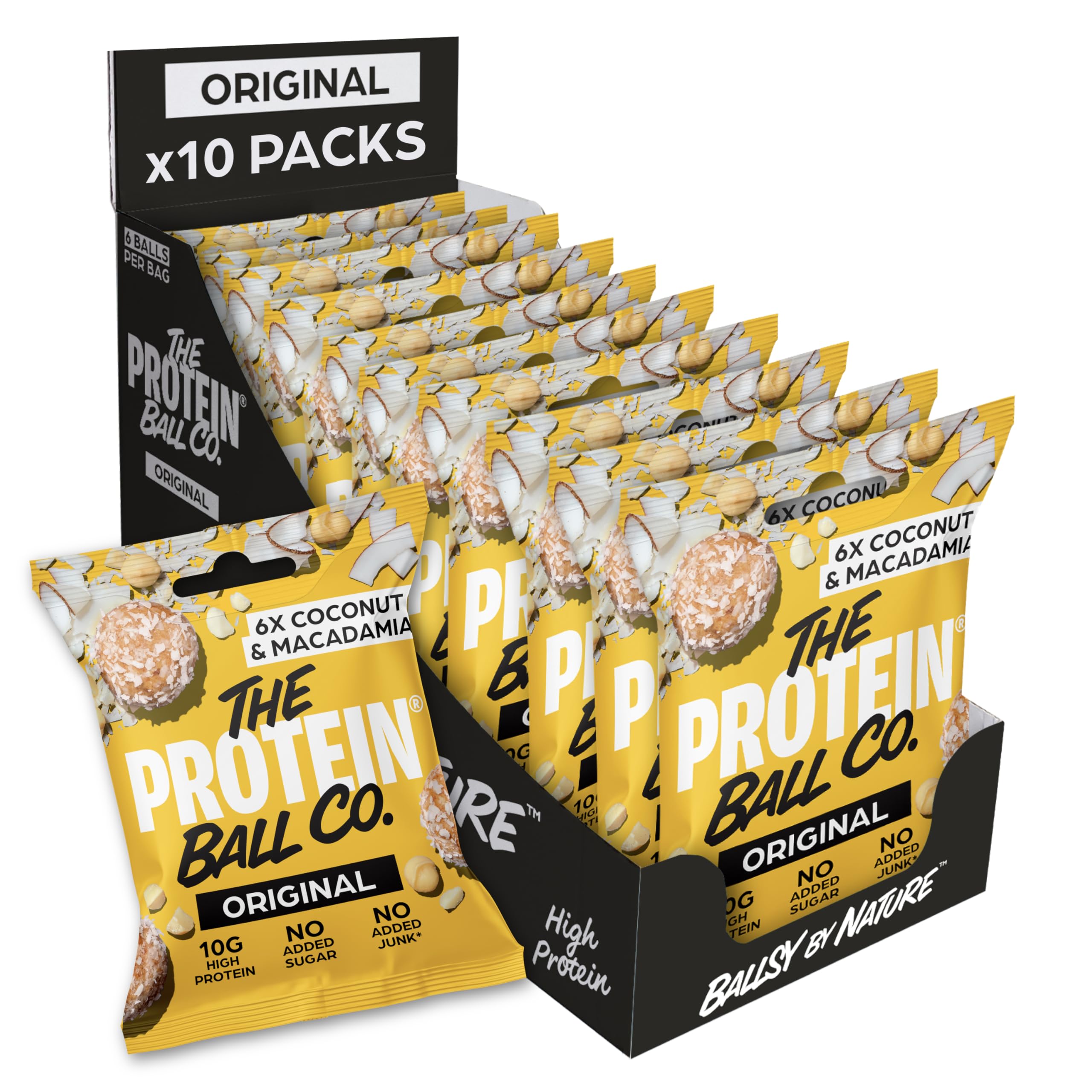 The Protein Ball Co Coconut & Macadamia Protein Balls - High Protein Healthy Snacks, Gluten-Free, No Added Sugar - On-the-Go Energy Balls, Box of 10 Bags