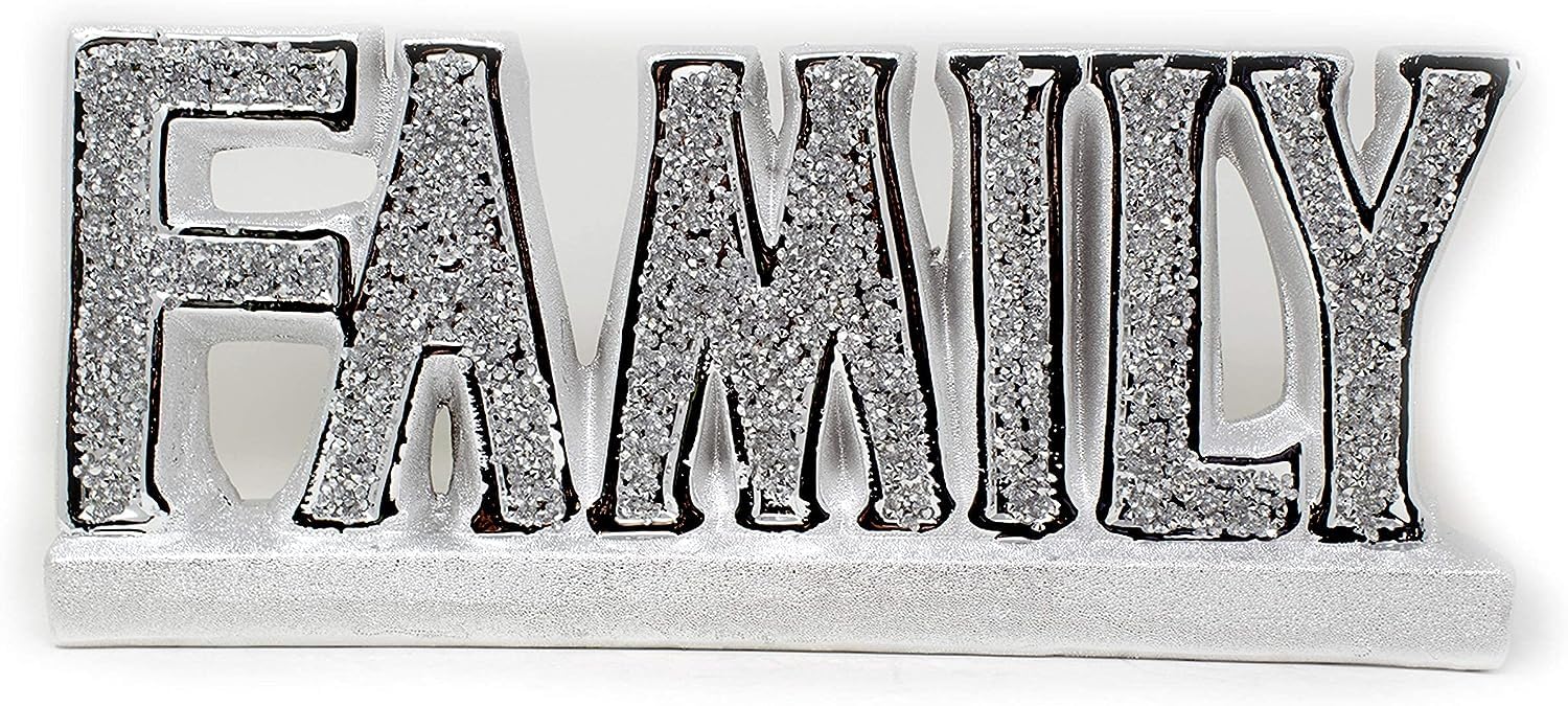 ornament bling crushed diamond gift | crystallized Crushed Crystal Diamond Silver FAMILY sign Ornament,home decor Shelf Sitter | crushed diamond display |present, home decor