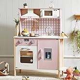 Tiny Land Kids Kitchen Playset, Height Adjustable Wooden Play Kitchen Set w/Real Lights & Sounds, 18 Pcs Toy Food & Cookware Accessories, Ideal Role Play Toy Gift for Toddlers Girls Ages 3-8, Pink