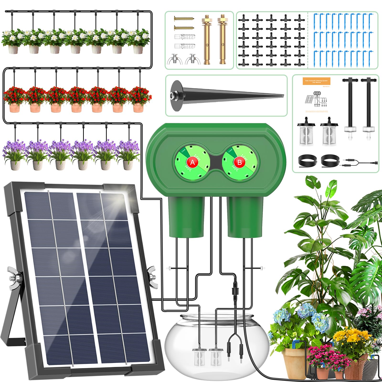 Photo 1 of Solar Automatic Drip Irrigation Kit System,TRJZWA Solar Powered Easy DIY Watering Device Supported 30 Pots Plants,Split Dual Pump Drip Irrigation Kit Each with 6 Timing Modes with Water Level Sensor