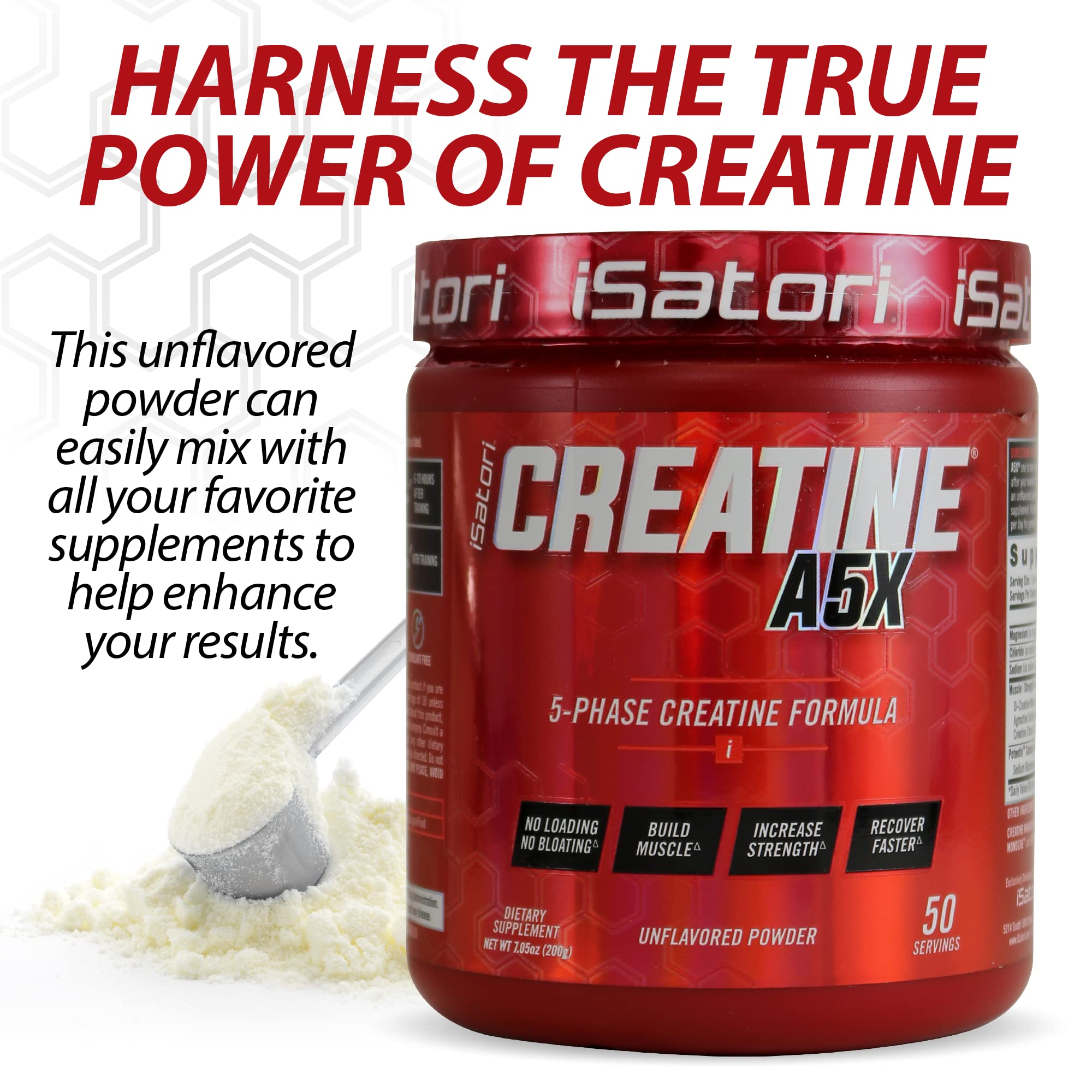 iSatori Creatine A5X with Creatine Monohydrate & Betaine Anhydrous for Muscle Growth, Strength Building, & Recovery - Dietary Supplement for Training & Weight Lifting - Unflavored (50 Servings)