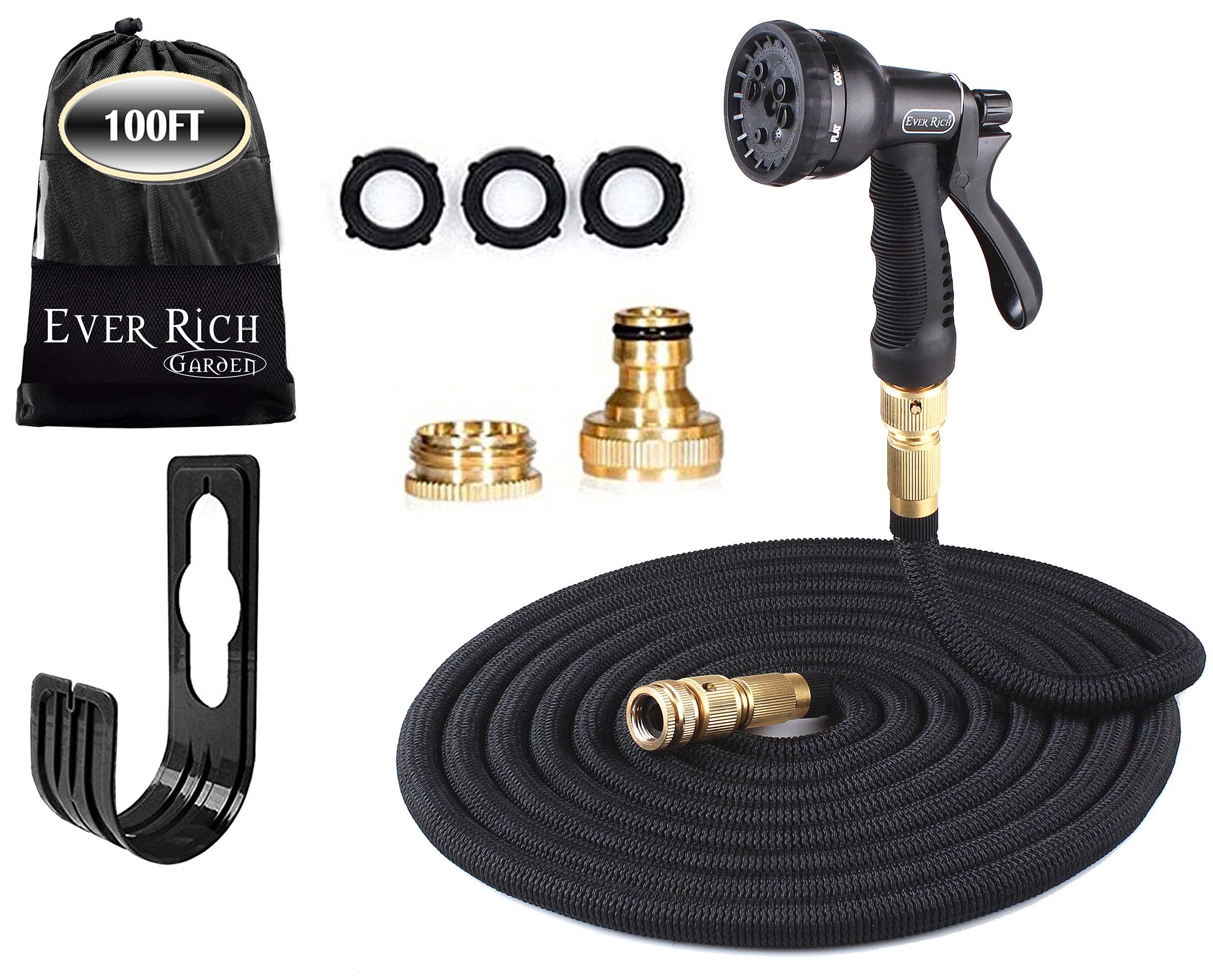 Ever Rich ® Black 100 Feet Newest Expandable Strongest Magic Hose Pipe with Brass Fittings & 8-pattern Spray Nozzle (BLACK HQ+HOLD)