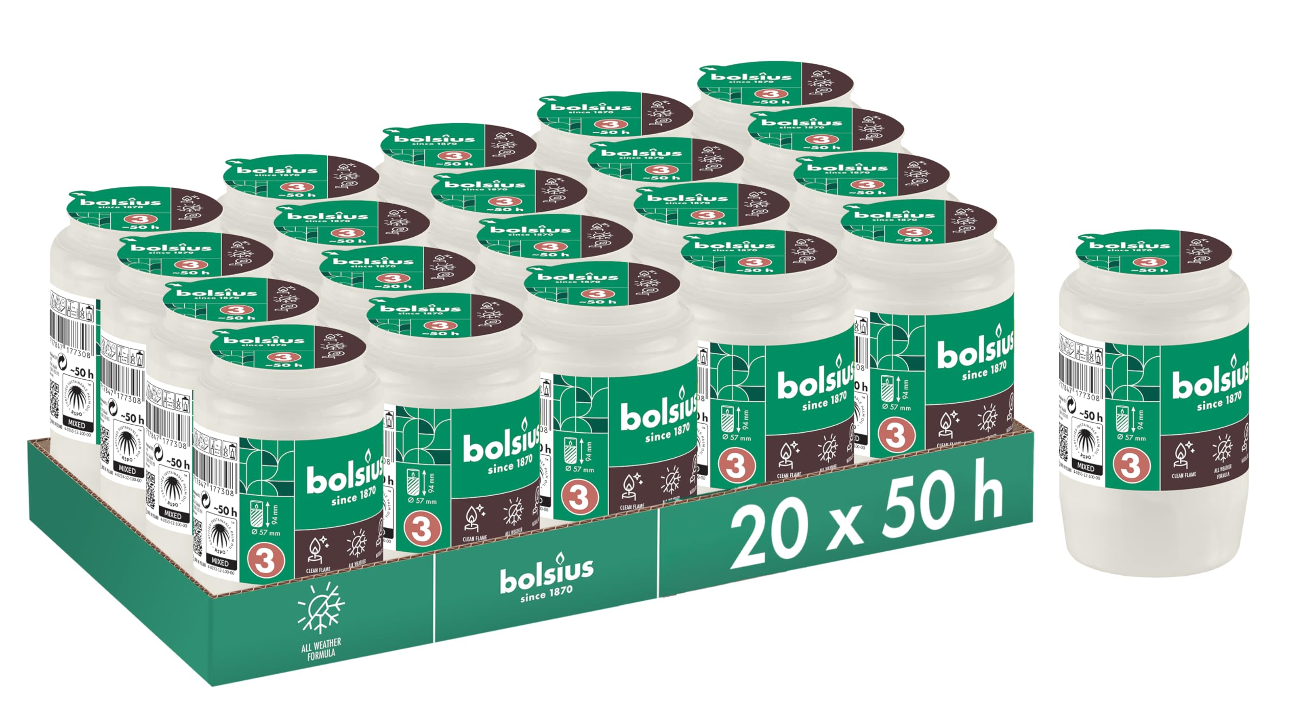 Bolsius Grave Light - White - 20-Pack - Long Burning Time 2 Days - Funeral Candle & Memorial Candles - Clean Burning - Without Palm Oil