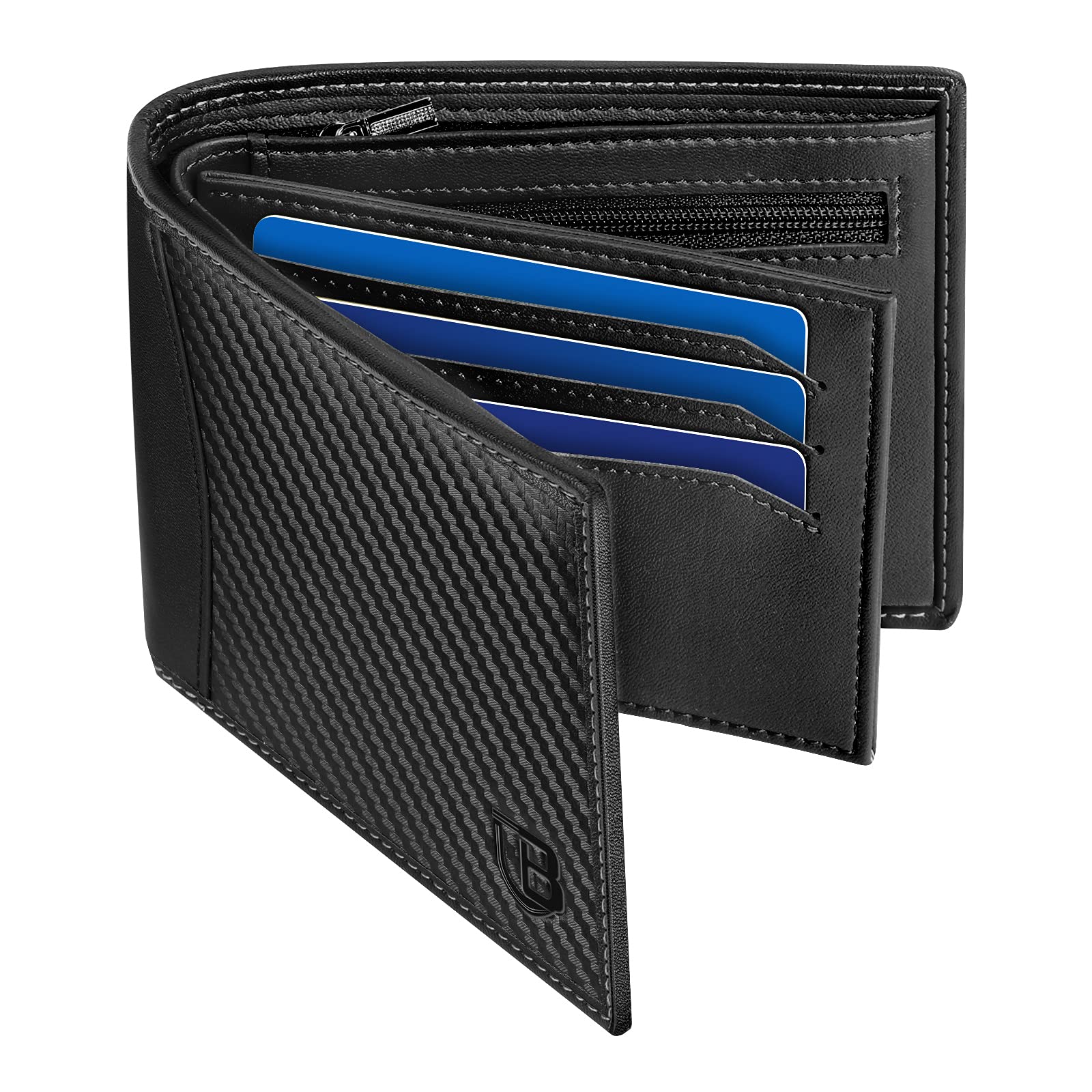 BIAL Men's RFID Blocking Bifold Leather Wallet - Slim Wallet with ID Window, Zip Coin Pocket, 9 Card Slots, 2 Banknote Compartments, Gift Box Included（Black）