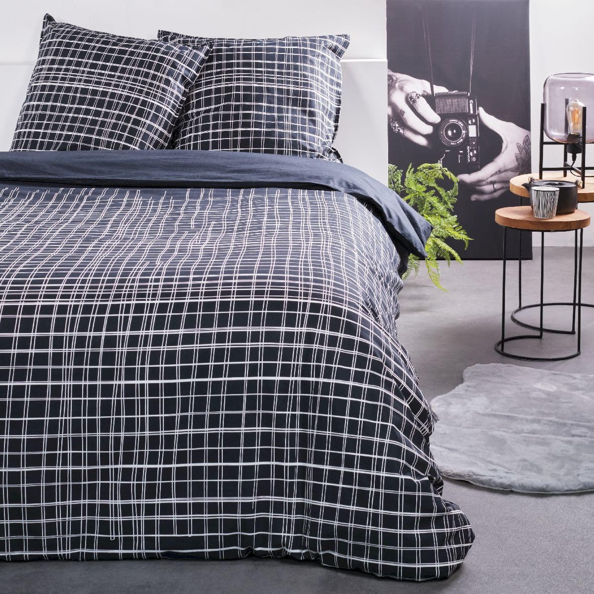 TODAY Sunshine Checkered Print Double Bedding Set - Navy Blue - 220 x 240 cm