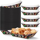 Fulmoon 100 Pcs The Day of The Dead Food Boat, Halloween Nacho Food Trays | Colorful Skull Marigold Pattern Mexican Nacho Holder Paper Serving Boat for Mexican Paper Party BBQ Fiesta Festivals Picnic