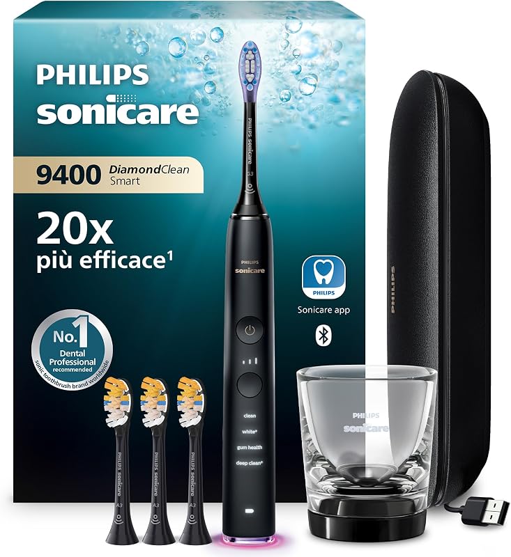 Sonicare DiamondClean Smart 9400 spazzolino elettrico, spazzolino sonico con app, sensore di pressione, 4 modalità di spazzolamento e 3 livelli di intensità, nero, modello HX9918/89