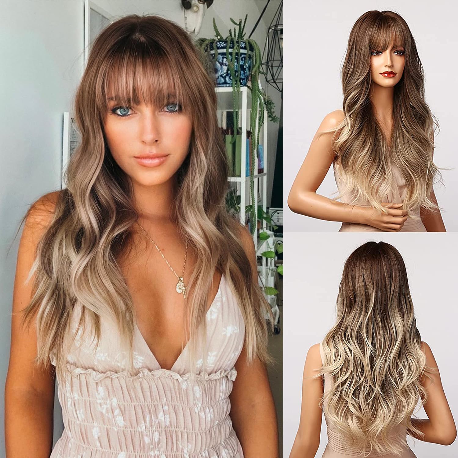 Photo 1 of Honygebia Light Brown Wig with Bangs - Long Ombre Wavy Wigs for White Women, Ash White Synthetic Heat Resistant Hair, Natural Best Wigs for Halloween/Christmas/Cosplay/Party