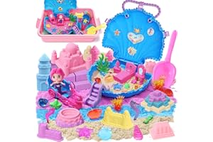 B Bascolor Ocean Mermaid Sensory Bin for Girl Kid Toy, Big Sea Shell Playset/Sandbox/ 2lb Colored Sand/ 6 Castle Model, Mermaid Sensory Toys Christmas Birthday Gift for Toddlers Girls Age 3 4 5 6 7 8