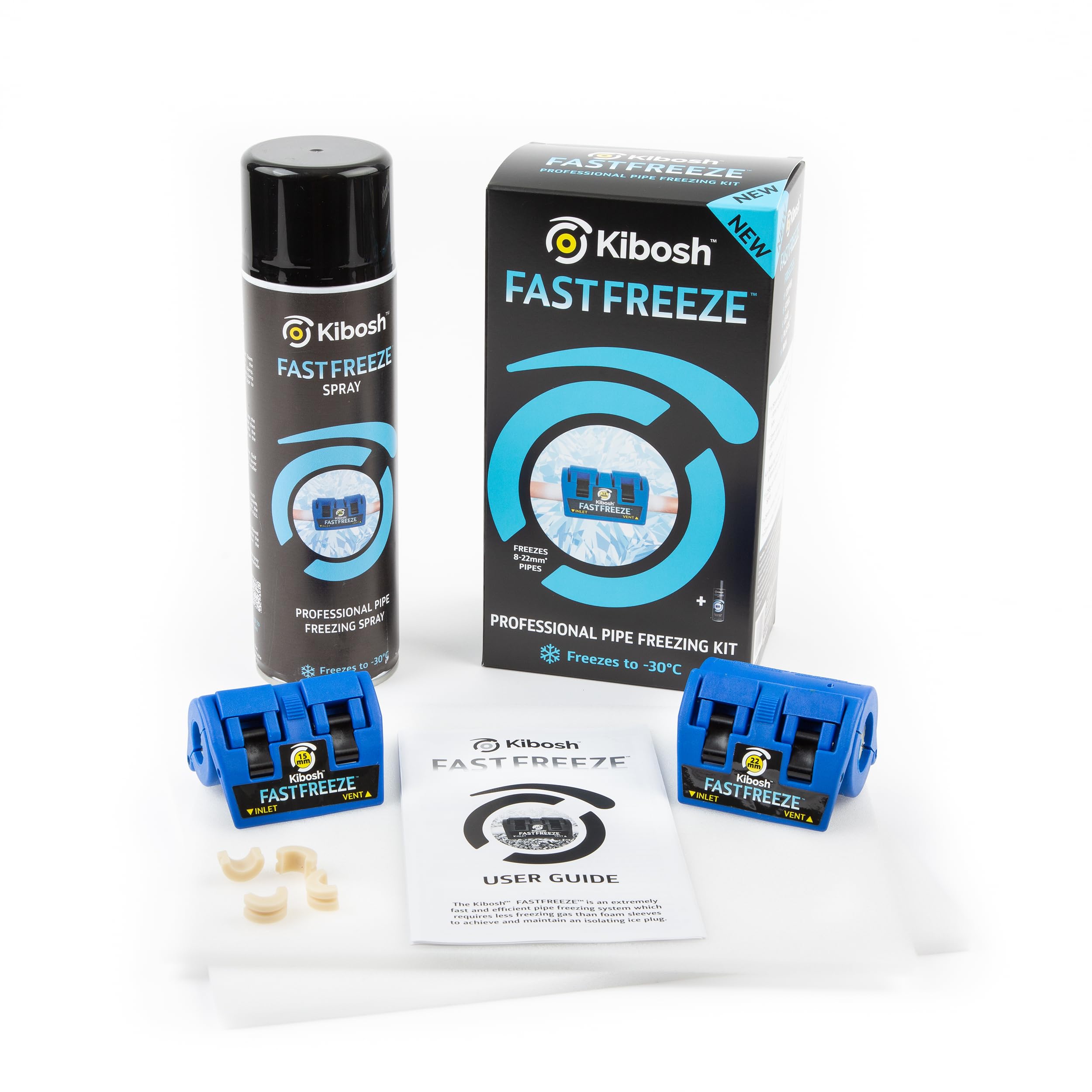 Kibosh FASTFREEZE Kit 3 (1 x 15mm/USA-CAN 1/2", 1 x 22mm/USA-CAN 3/4" Clamps Plus FASTFREEZE Spray)