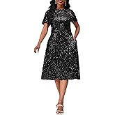 MIJUNMIO Sequins Glitter Short Sleeve Women's Maxi A-line Dress - Sparkly Party Elegant