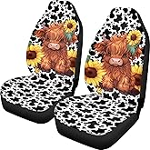 TOADDMOS Cute Sunflower Highland Cow Front Seat Covers for Cars Bucket Seat Covers Black Cow Spots Decorative Automotive Seat Cushion Protectors Covers Automotive Accessories Interior Decoration