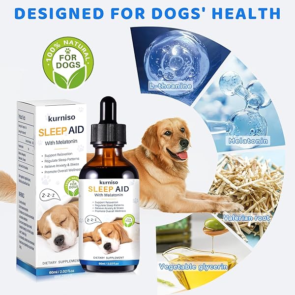 KURNISO MELATONIN FOR DOGS-DOG ANXIETY RELIEF, DOG ESSENTIALS FOR RELAX, SLEEP & STRESS REDUCE, PROMOTES OVERALL HEALTH LIQUID MELATONIN, POWERFUL DOG SLEEP AID, 60ML