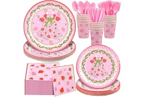 140 Pcs Strawberry Birthday Decorations,Includes Plates, Napkins, Cups, Cutlery for Berry First Birthday Decor, Serves 20,Pin