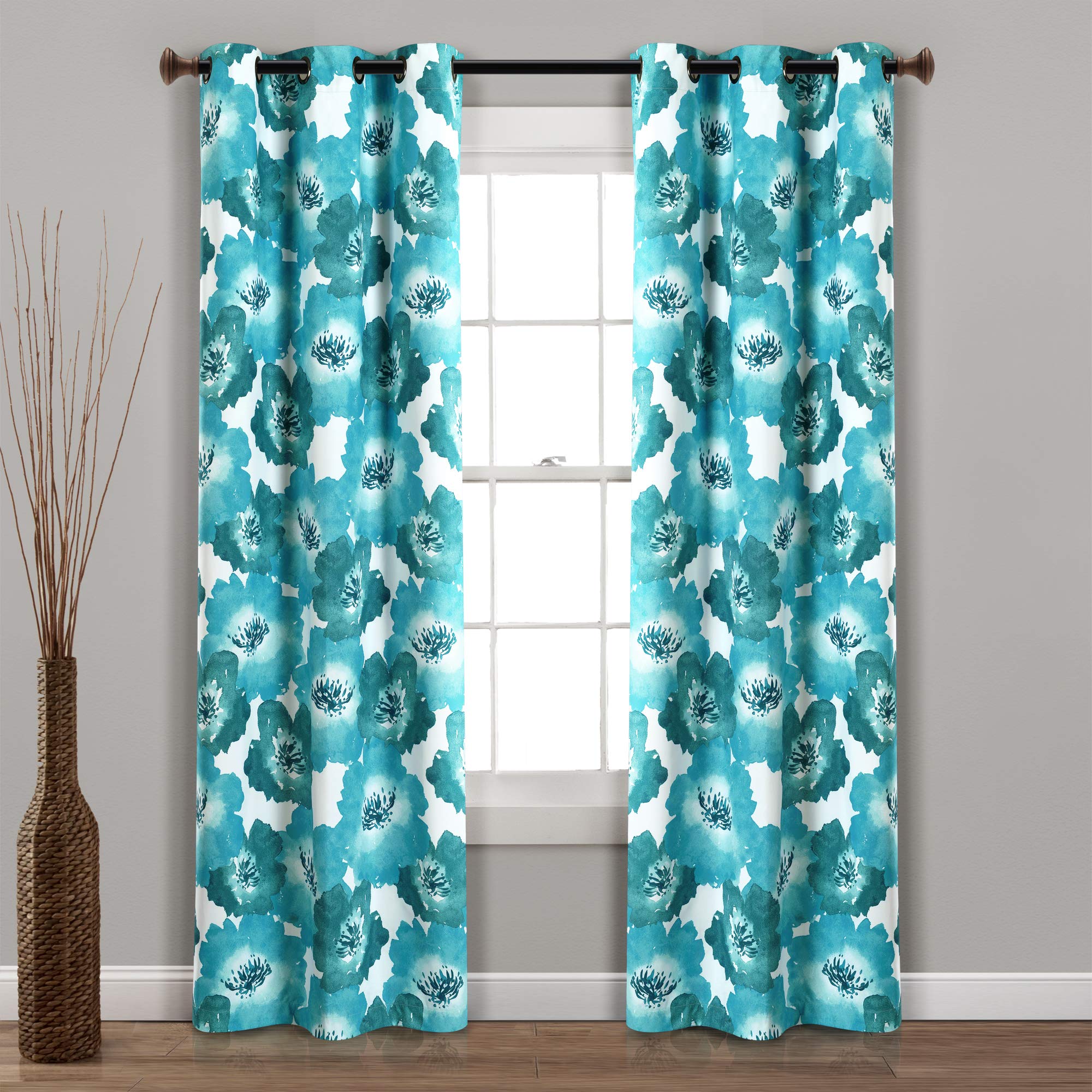 Lush Decor 100% Blackout Window Curtain Panel Pair Leah Floral Insulated Grommet, 38" W x 84" L, Blue & Teal — image 1